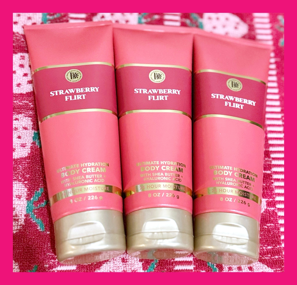Bath & Body Works Strawberry Flirt 8oz Ultimate Hydration Body Cream x3